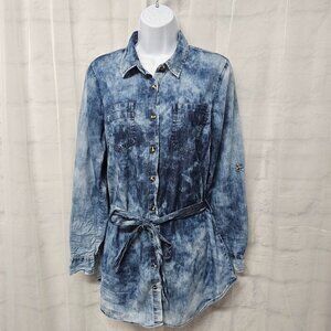 Dizzy Lizzy Blue Chambray Tie Dye Button Down Tunic Blouse Belted Grunge M